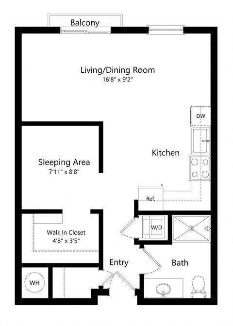 Floor plan for studio, 1 bath, 603 sqft